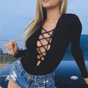 Fashion Nova Black Lace-Up Bodysuit
